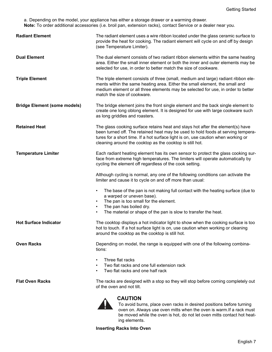 Radiant element, Dual element, Triple element | Bridge element (some models), Retained heat, Temperature limiter, Hot surface indicator, Oven racks, Flat oven racks | Bosch HES7282U User Manual | Page 11 / 148