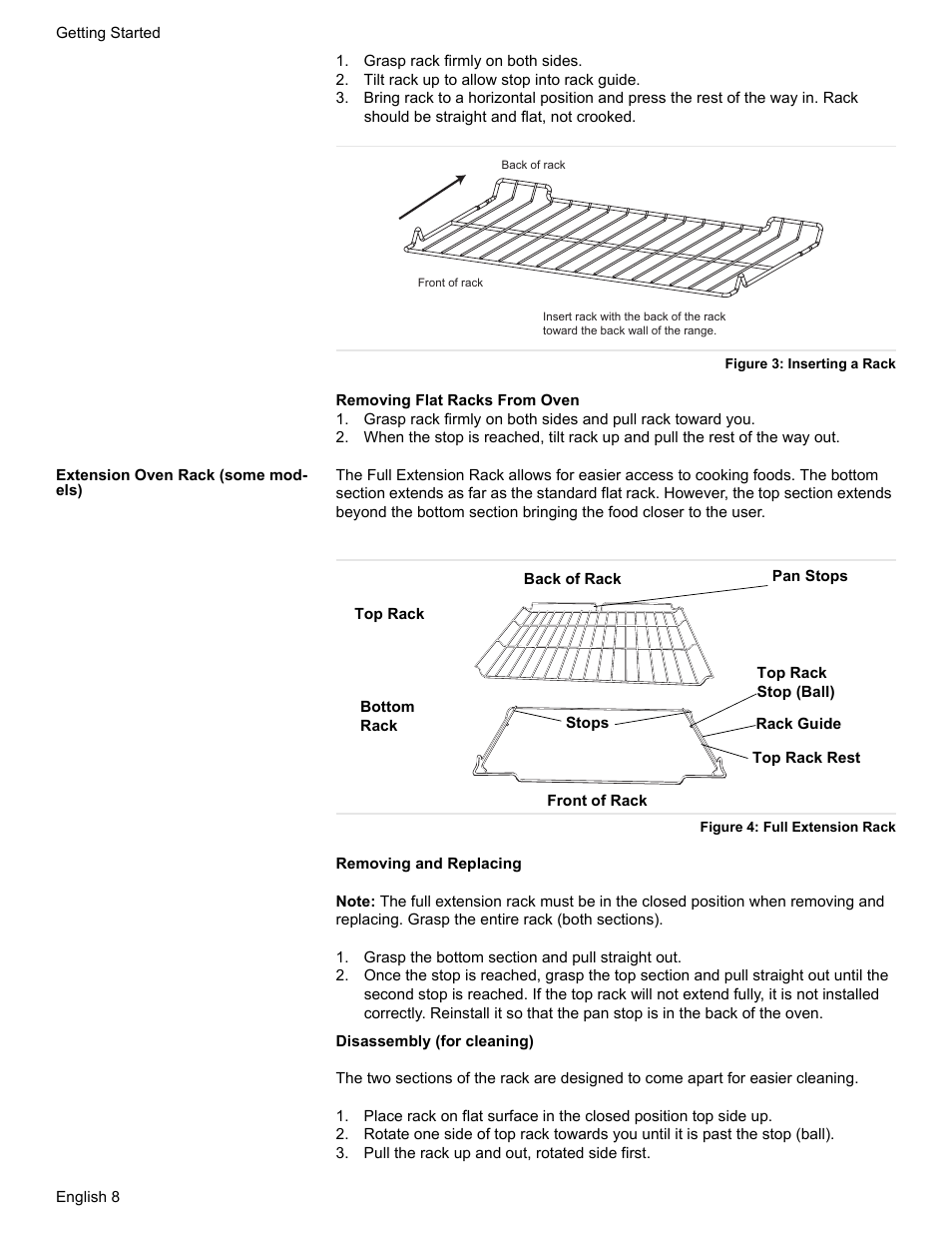 Grasp rack firmly on both sides, Tilt rack up to allow stop into rack guide, Figure 3: inserting a rack | Extension oven rack (some models), Figure 4: full extension rack, Grasp the bottom section and pull straight out, Pull the rack up and out, rotated side first | Bosch HES7282U User Manual | Page 12 / 148