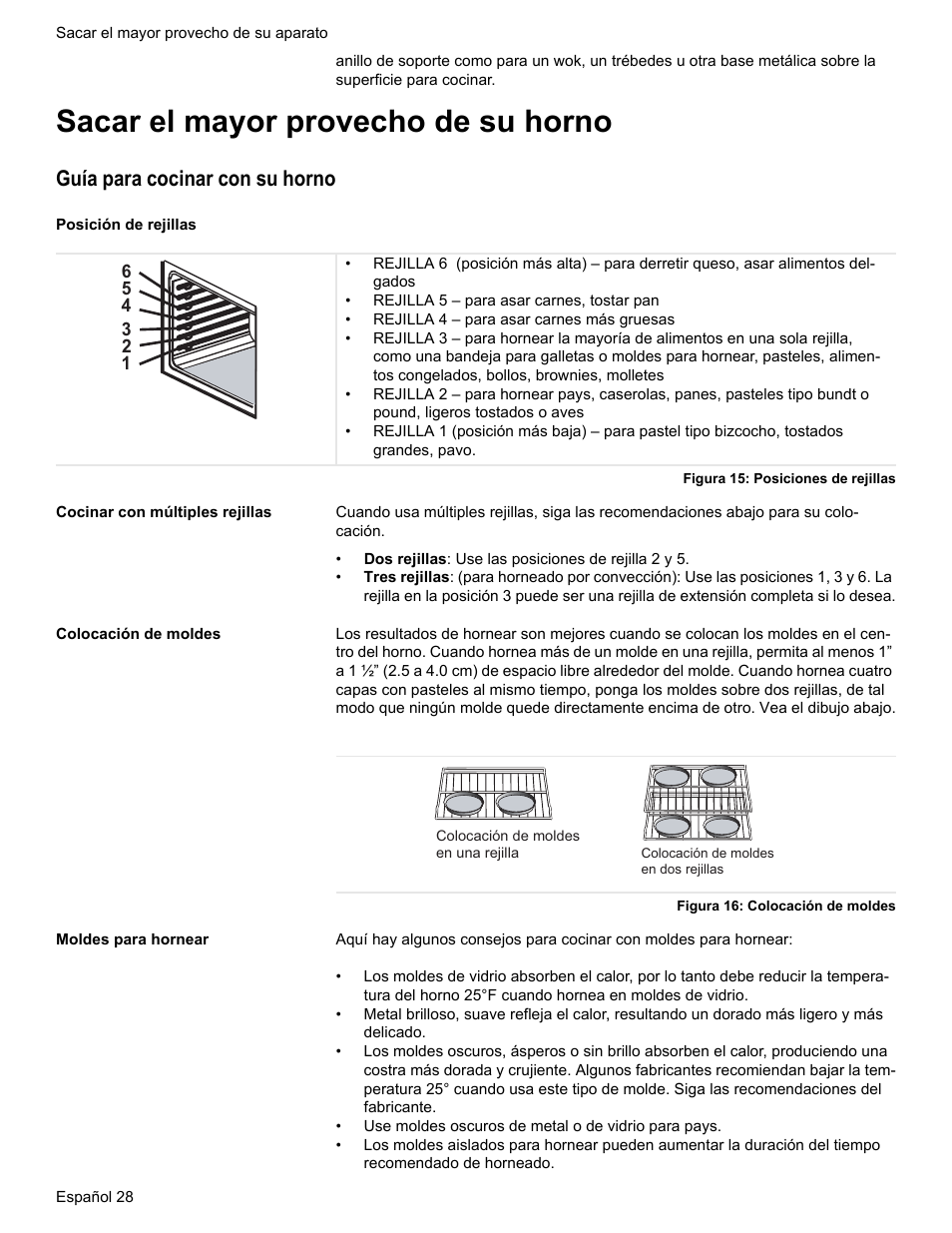 Sacar el mayor provecho de su horno, Guía para cocinar con su horno, Posición de rejillas | Figura 15: posiciones de rejillas, Cocinar con múltiples rejillas, Colocación de moldes, Figura 16: colocación de moldes, Moldes para hornear | Bosch HES7282U User Manual | Page 126 / 148
