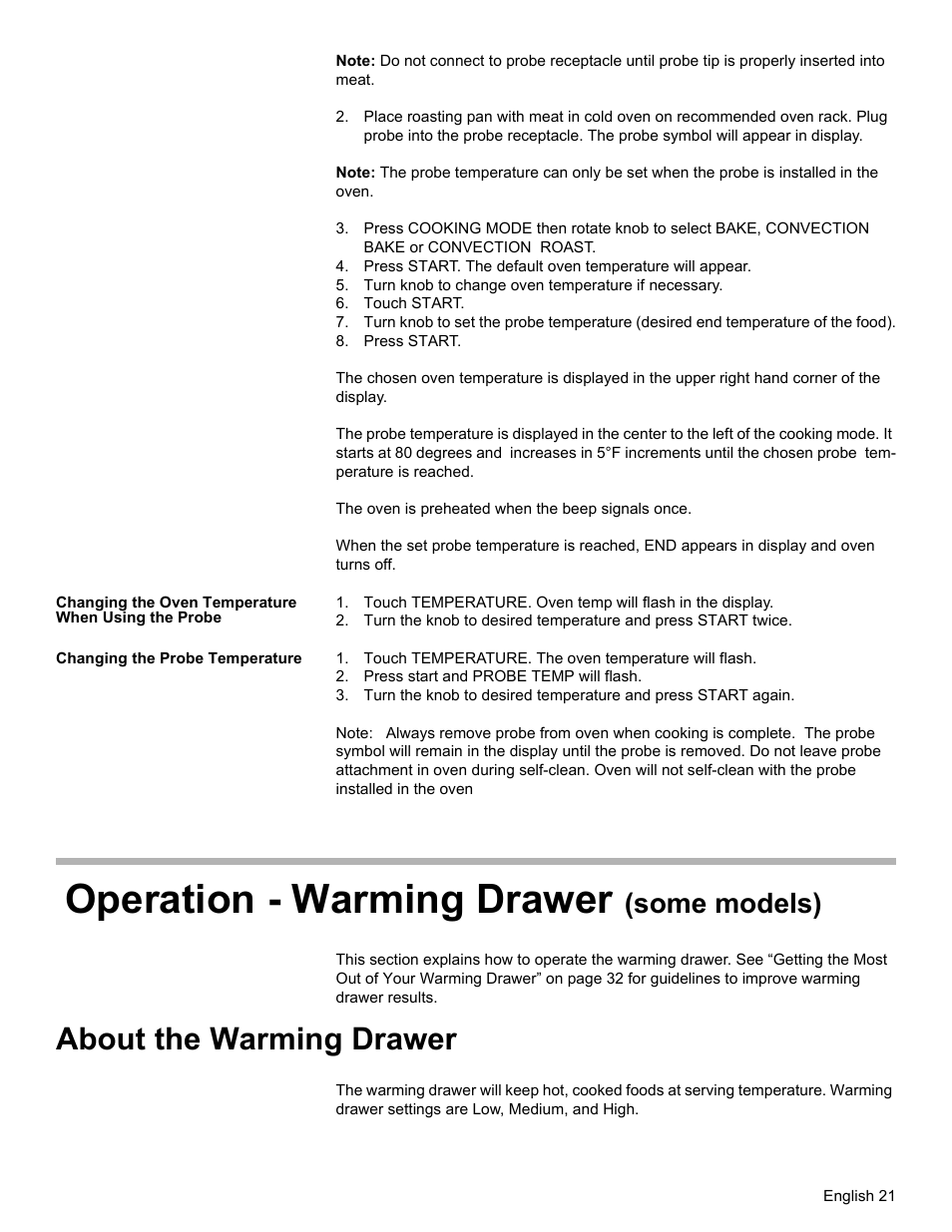Turn knob to change oven temperature if necessary, Touch start, Press start | Changing the oven temperature when using the probe, Changing the probe temperature, Touch temperature. the oven temperature will flash, Press start and probe temp will flash, Operation - warming drawer (some models), About the warming drawer, Operation - warming drawer | Bosch HES7282U User Manual | Page 25 / 148