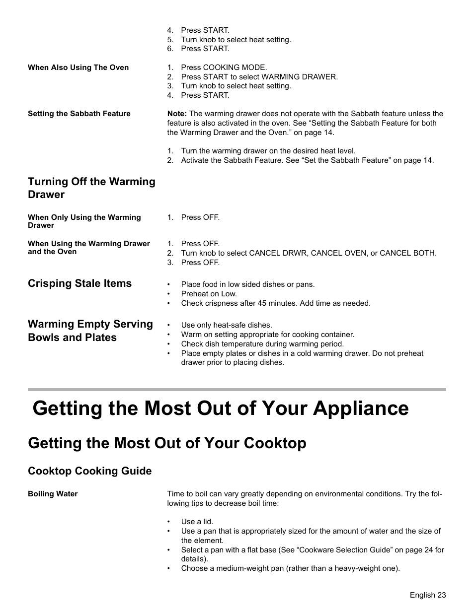 Press start, Turn knob to select heat setting, When also using the oven | Press cooking mode, Press start to select warming drawer, Setting the sabbath feature, Turn the warming drawer on the desired heat level, Turning off the warming drawer, When only using the warming drawer, Press off | Bosch HES7282U User Manual | Page 27 / 148