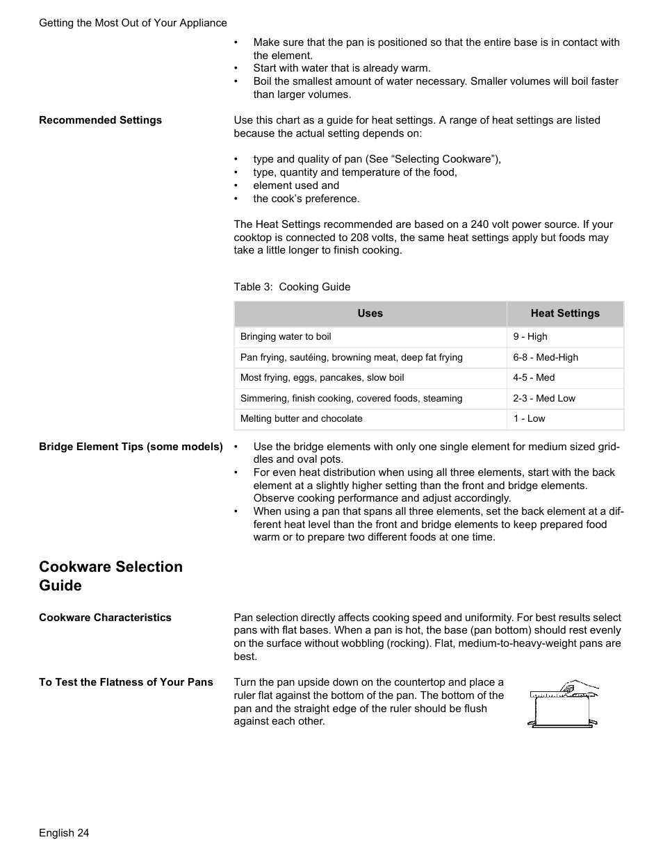 Recommended settings, Table 3: cooking guide, Bridge element tips (some models) | Cookware selection guide, Cookware characteristics, To test the flatness of your pans | Bosch HES7282U User Manual | Page 28 / 148