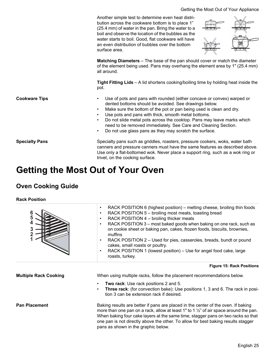 Cookware tips, Specialty pans, Getting the most out of your oven | Oven cooking guide, Rack position, Figure 15: rack positions, Multiple rack cooking, Pan placement | Bosch HES7282U User Manual | Page 29 / 148