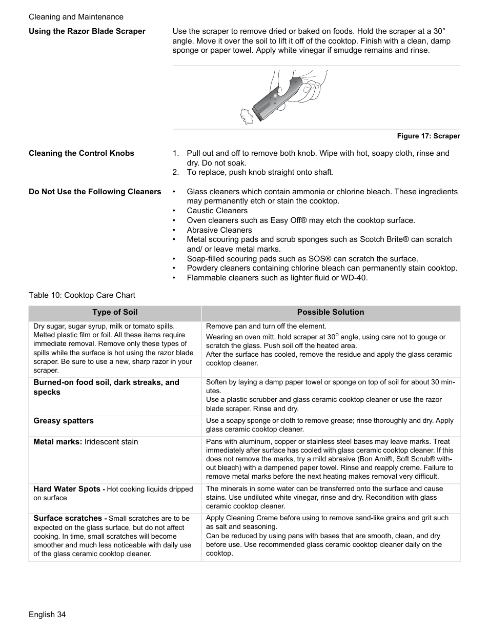 Using the razor blade scraper, Figure 17: scraper, Cleaning the control knobs | To replace, push knob straight onto shaft, Do not use the following cleaners, Table 10: cooktop care chart | Bosch HES7282U User Manual | Page 38 / 148