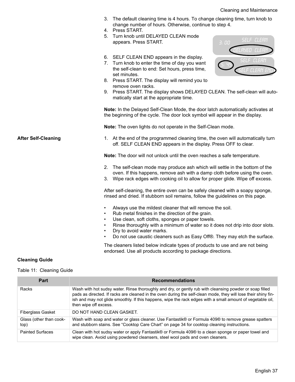 Press start, Self clean end appears in the display, After self-cleaning | Cleaning guide, Table 11: cleaning guide | Bosch HES7282U User Manual | Page 41 / 148