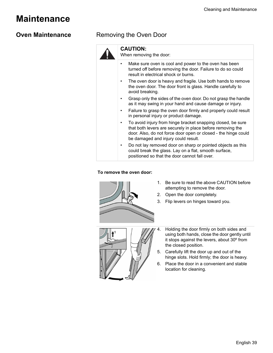 Maintenance, Oven maintenance, Open the door completely | Flip levers on hinges toward you, Oven maintenance removing the oven door | Bosch HES7282U User Manual | Page 43 / 148