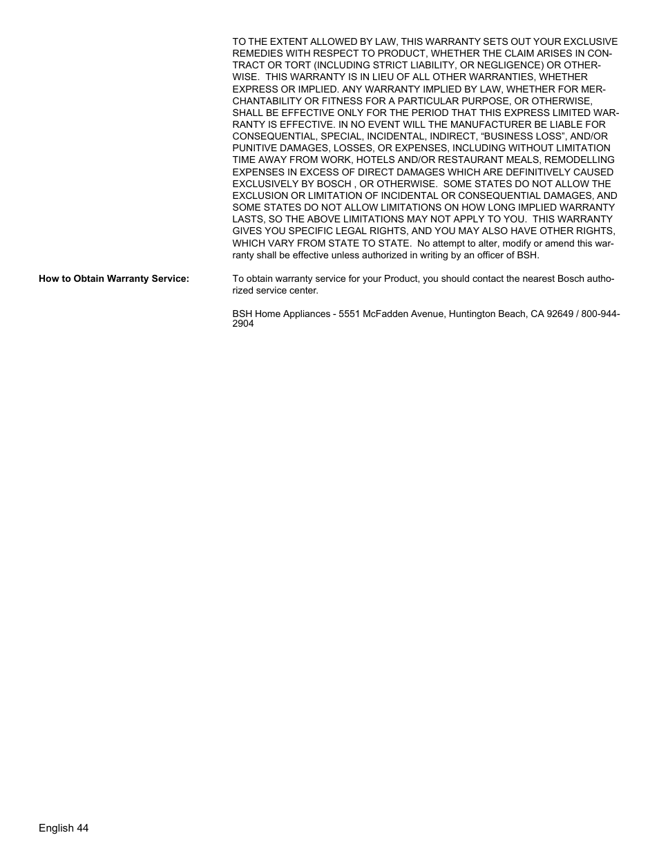 How to obtain warranty service | Bosch HES7282U User Manual | Page 48 / 148