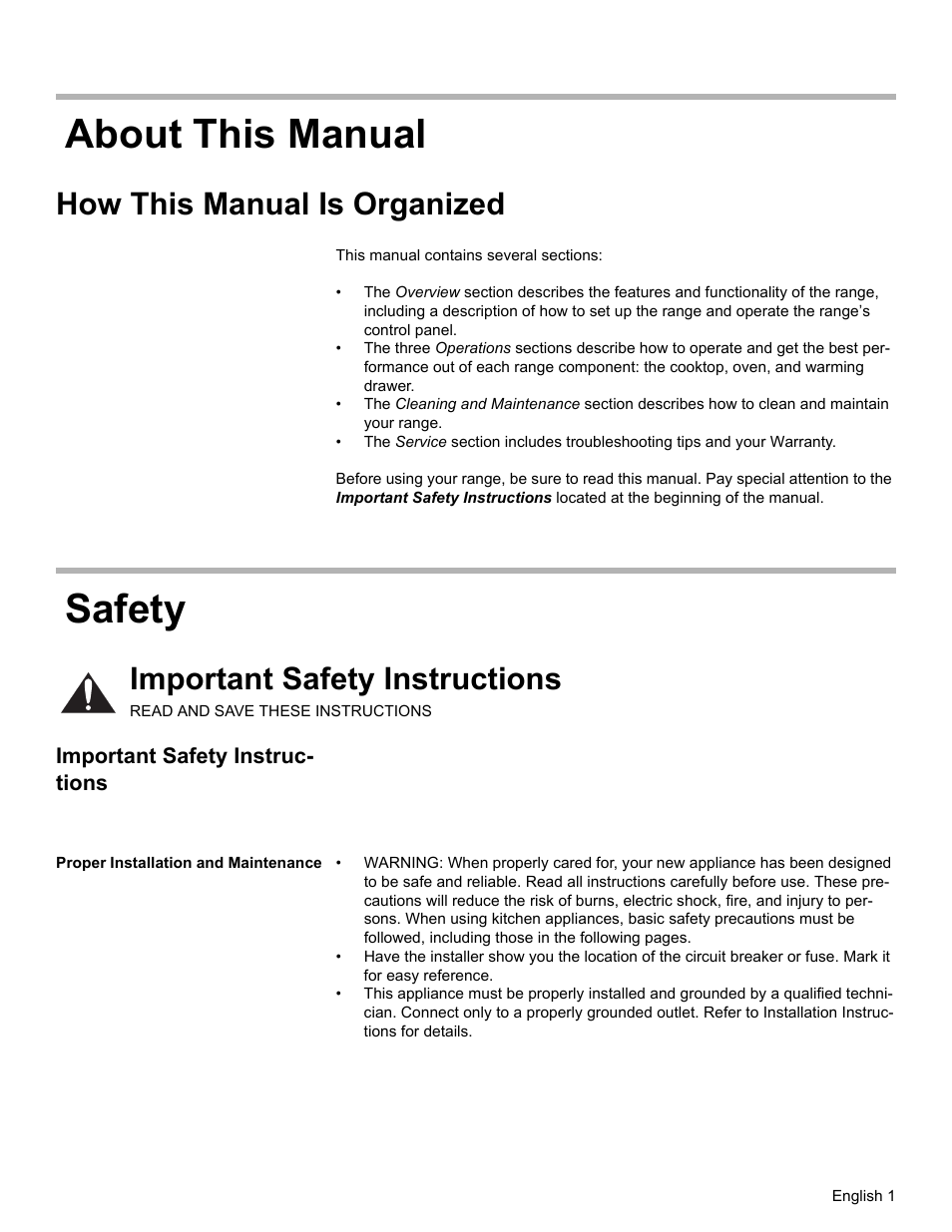 About this manual, How this manual is organized, Safety | Important safety instructions, Proper installation and maintenance, About this manual safety | Bosch HES7282U User Manual | Page 5 / 148