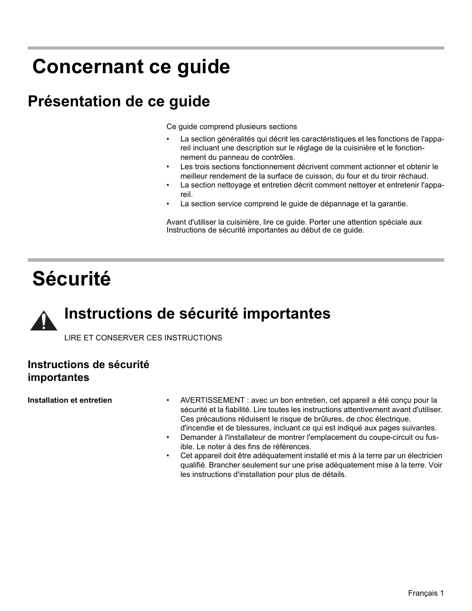 Concernant ce guide, Présentation de ce guide, Sécurité | Instructions de sécurité importantes, Installation et entretien, Concernant ce guide sécurité | Bosch HES7282U User Manual | Page 51 / 148