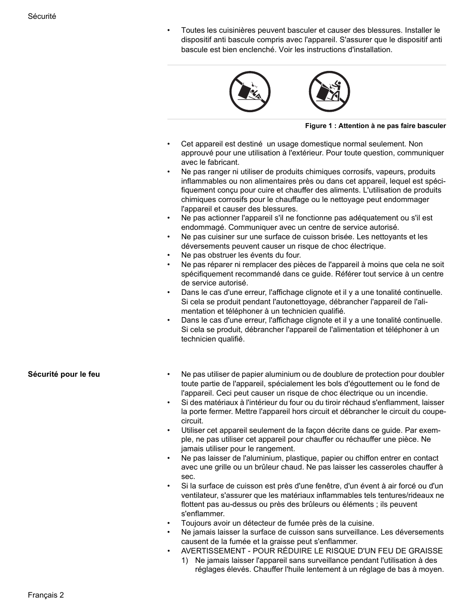 Figure 1 : attention à ne pas faire basculer, Sécurité pour le feu | Bosch HES7282U User Manual | Page 52 / 148