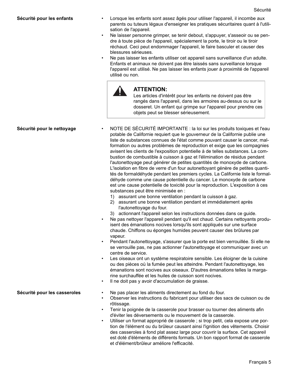 Sécurité pour les enfants, Sécurité pour le nettoyage, Sécurité pour les casseroles | Bosch HES7282U User Manual | Page 55 / 148