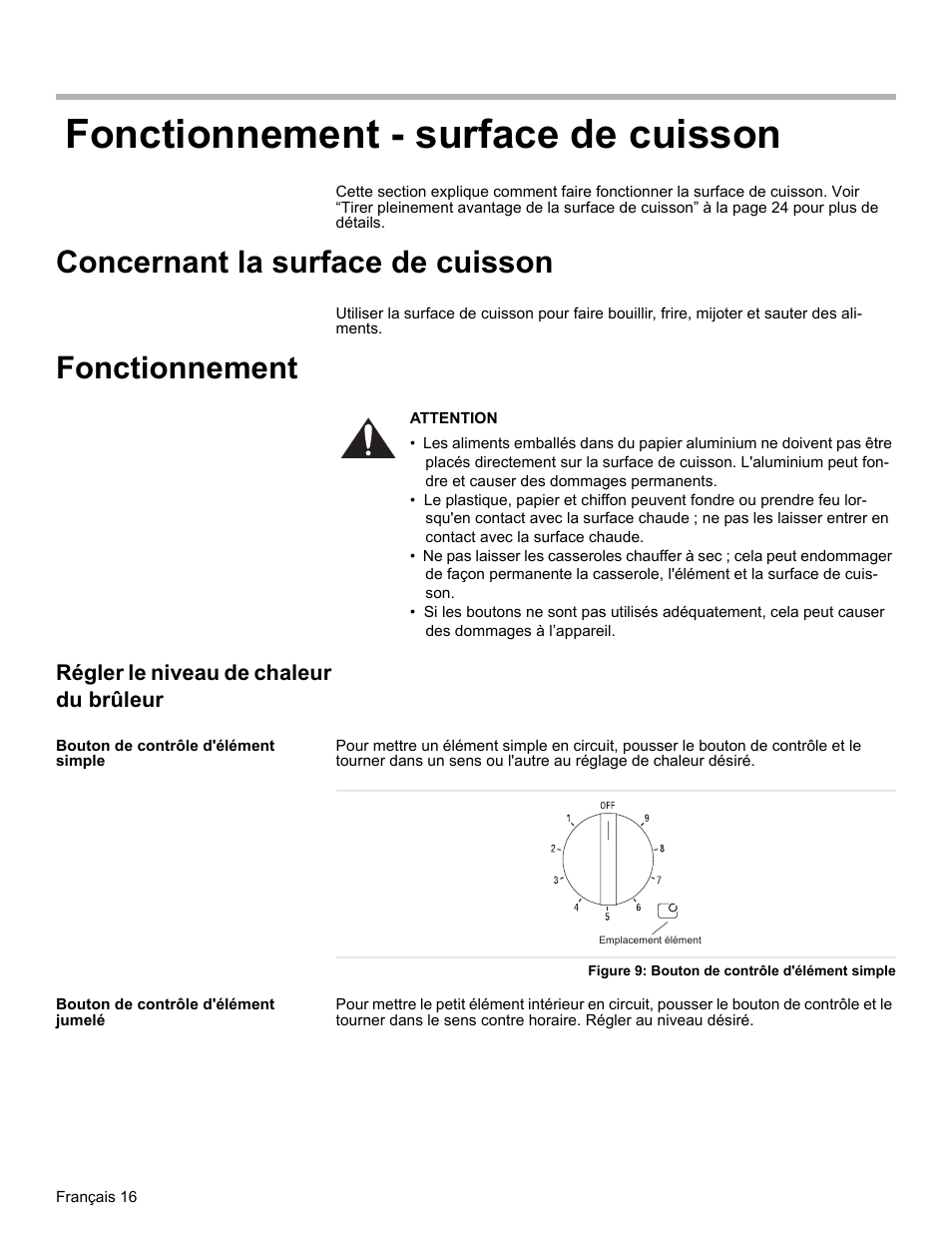 Fonctionnement - surface de cuisson, Concernant la surface de cuisson, Fonctionnement | Régler le niveau de chaleur du brûleur, Bouton de contrôle d'élément simple, Figure 9: bouton de contrôle d'élément simple, Bouton de contrôle d'élément jumelé | Bosch HES7282U User Manual | Page 66 / 148