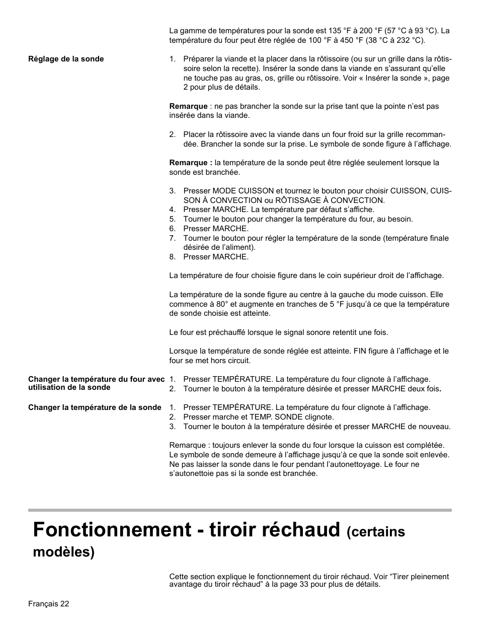Réglage de la sonde, Presser marche, Changer la température de la sonde | Presser marche et temp. sonde clignote, Fonctionnement - tiroir réchaud (certains modèles), Fonctionnement - tiroir réchaud, Certains modèles) | Bosch HES7282U User Manual | Page 72 / 148