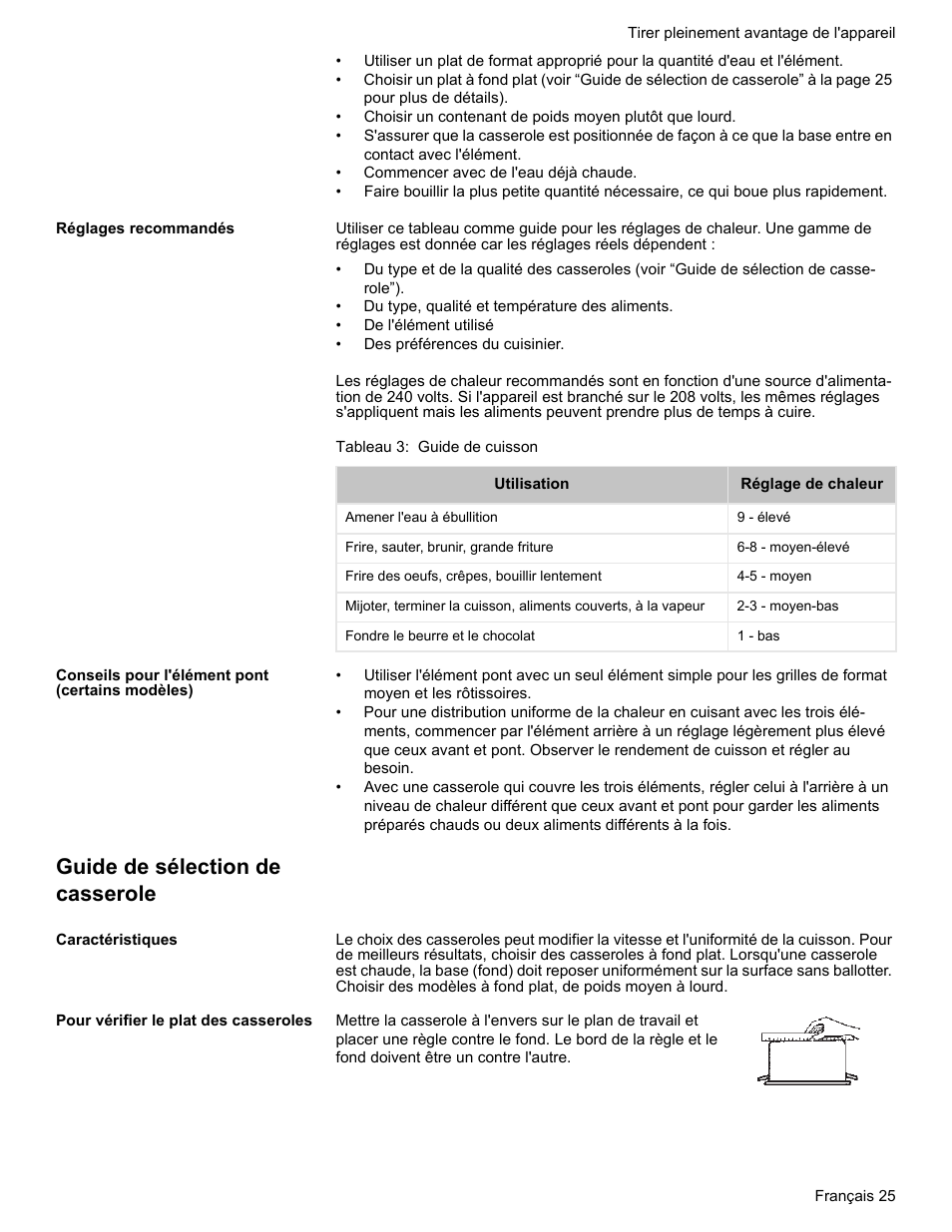 Réglages recommandés, Tableau 3: guide de cuisson, Conseils pour l'élément pont (certains modèles) | Guide de sélection de casserole, Caractéristiques, Pour vérifier le plat des casseroles | Bosch HES7282U User Manual | Page 75 / 148