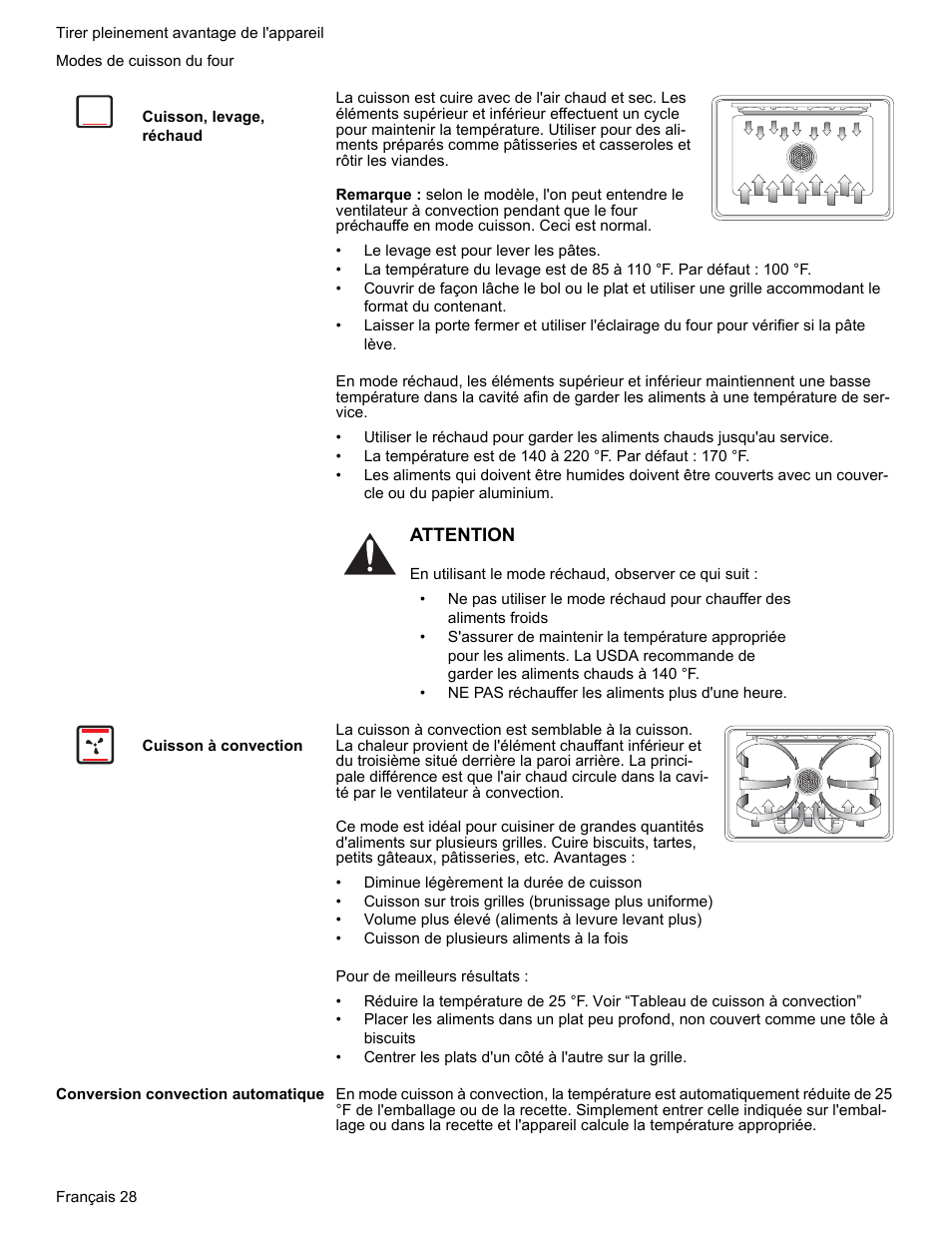 Modes de cuisson du four, Cuisson, levage, réchaud, Cuisson à convection | Conversion convection automatique | Bosch HES7282U User Manual | Page 78 / 148