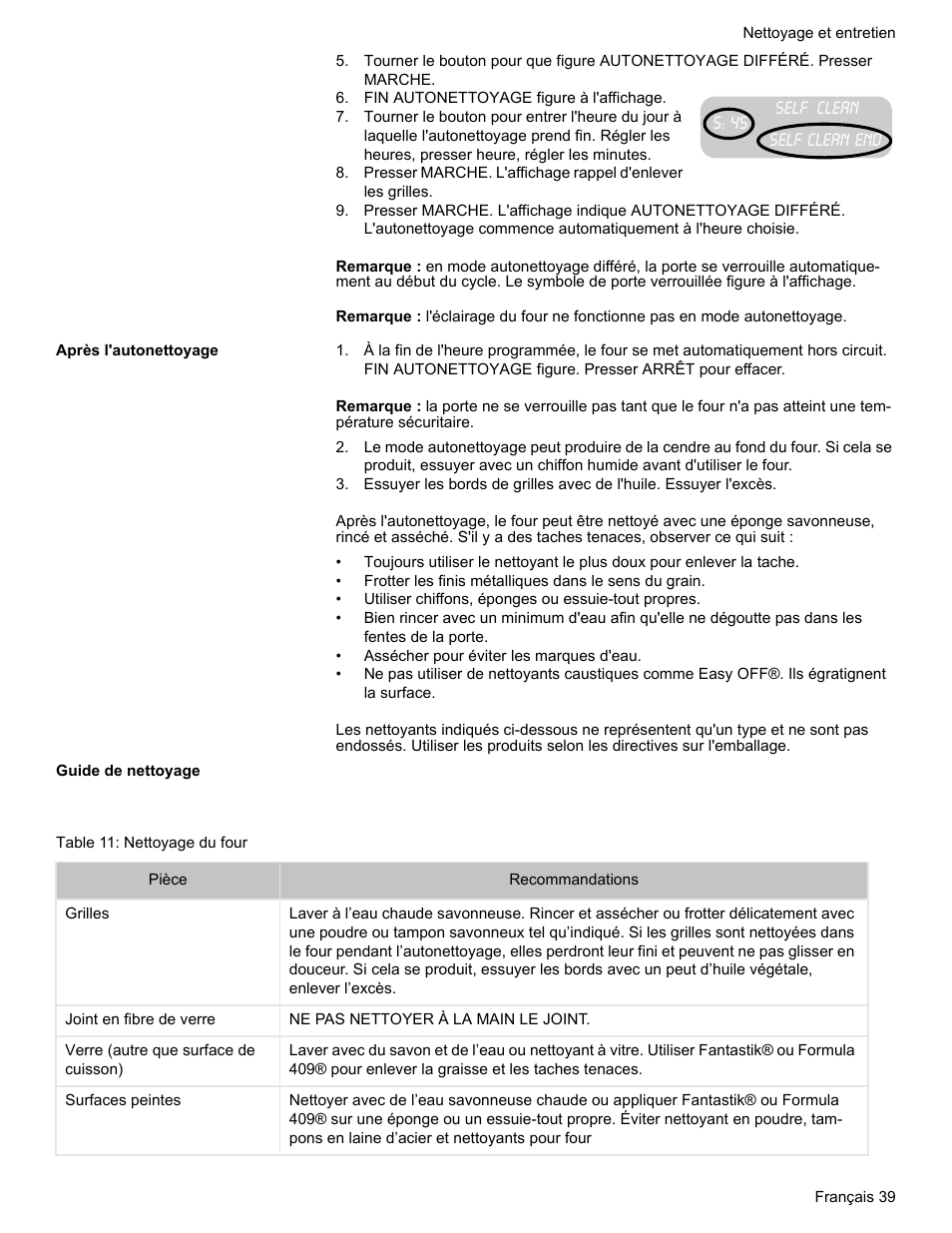 Fin autonettoyage figure à l'affichage, Après l'autonettoyage, Guide de nettoyage | Table 11: nettoyage du four | Bosch HES7282U User Manual | Page 89 / 148
