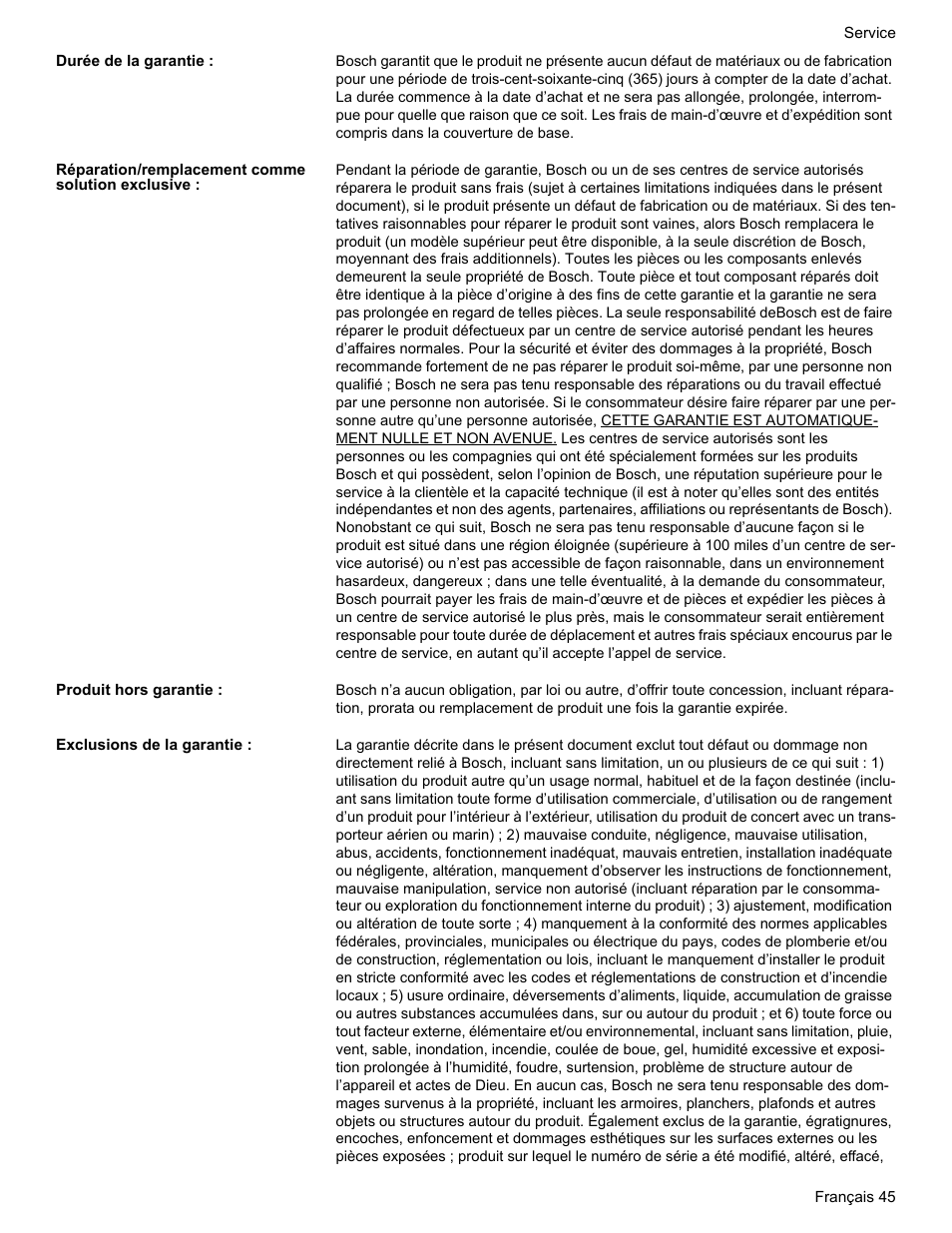 Durée de la garantie, Réparation/remplacement comme solution exclusive, Produit hors garantie | Exclusions de la garantie | Bosch HES7282U User Manual | Page 95 / 148