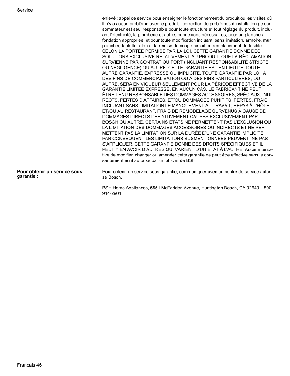 Pour obtenir un service sous garantie | Bosch HES7282U User Manual | Page 96 / 148