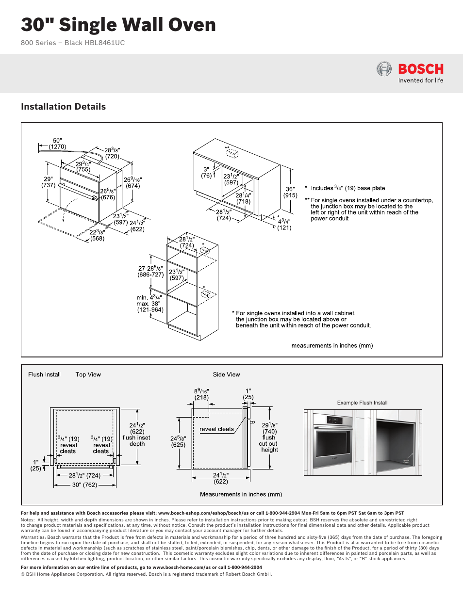 30" single wall oven, Installation details | Bosch HBL8461UC User Manual | Page 2 / 3