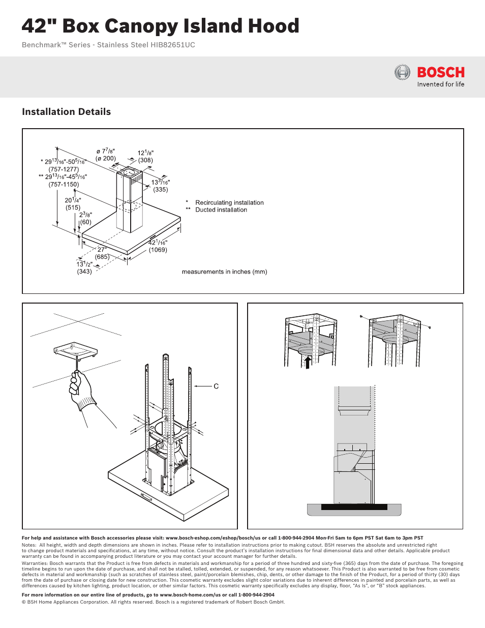 42" box canopy island hood, Installation details | Bosch HIB82651UC User Manual | Page 2 / 2