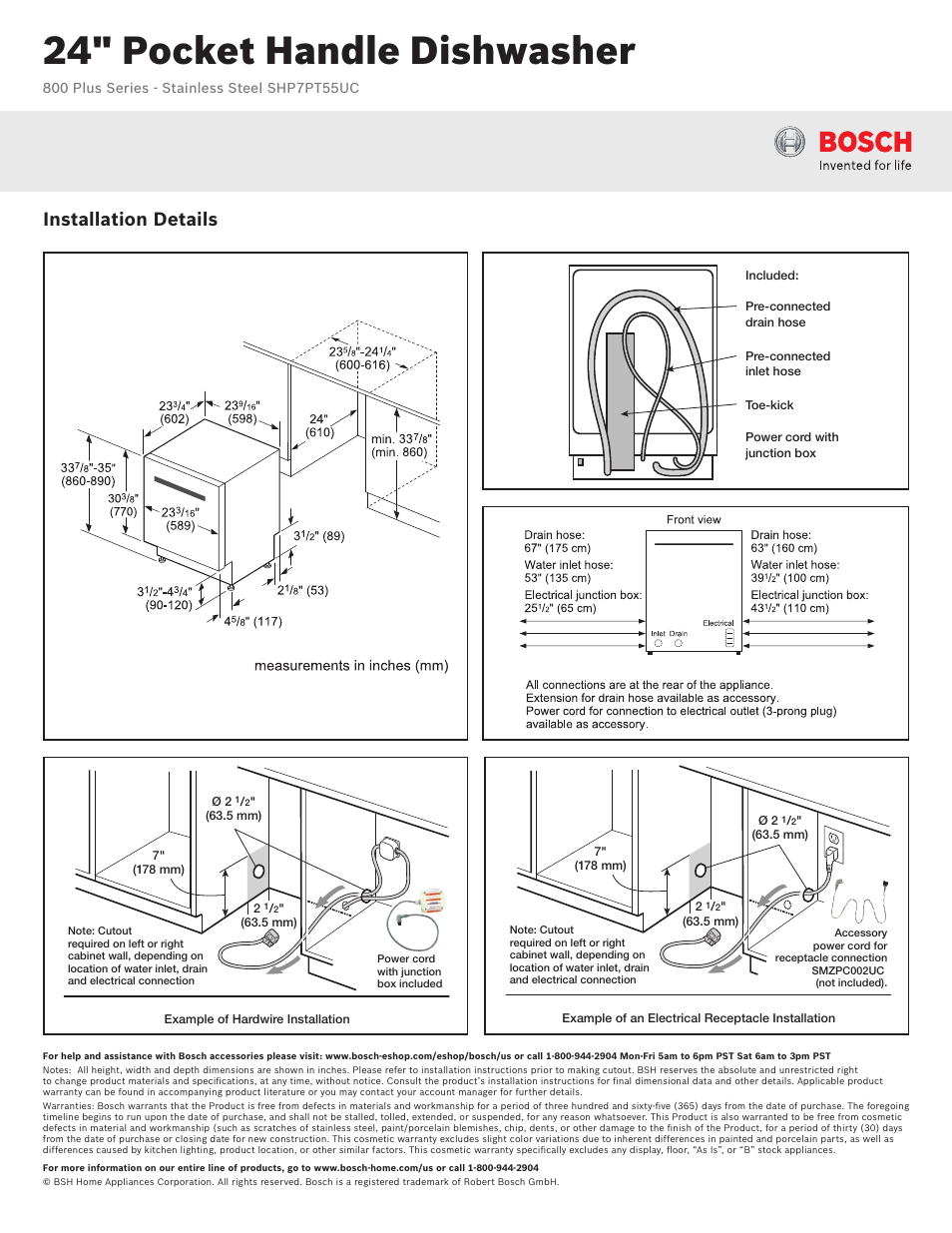 24" pocket handle dishwasher, Installation details | Bosch SHP7PT55UC User Manual | Page 2 / 3