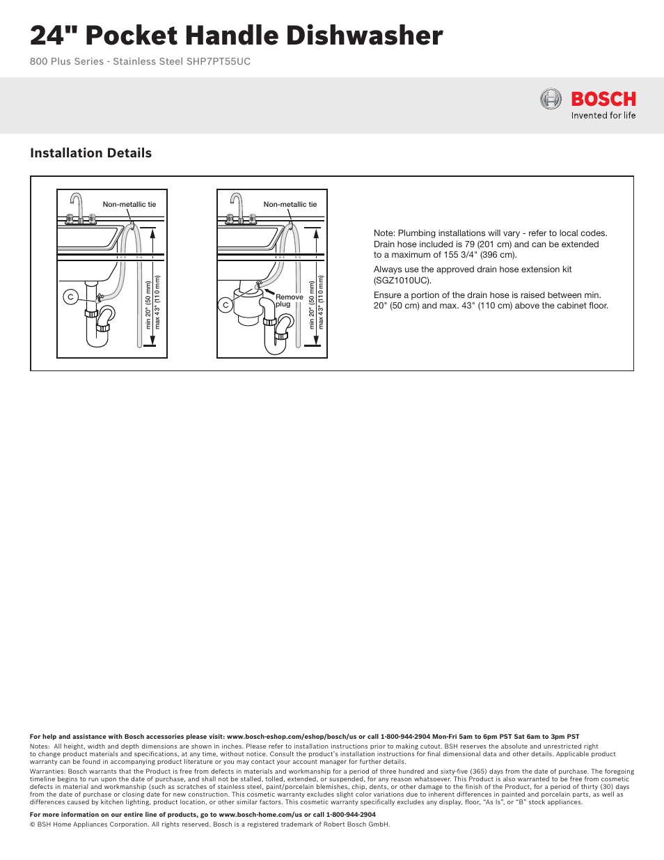24" pocket handle dishwasher, Installation details | Bosch SHP7PT55UC User Manual | Page 3 / 3