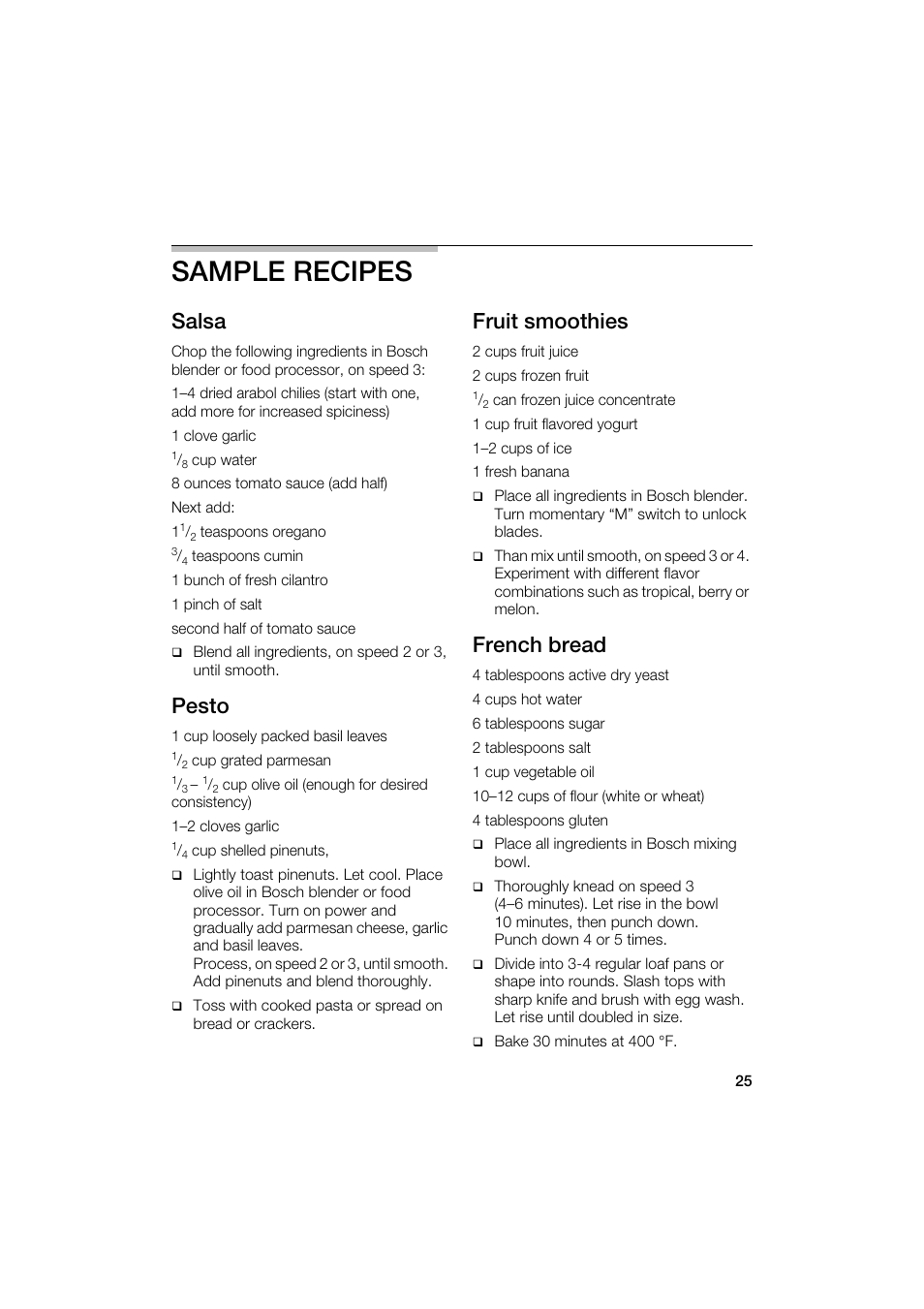 Sample recipes, Salsa, Pesto | Fruit smoothies, French bread | Bosch MUM6N10UC User Manual | Page 25 / 88