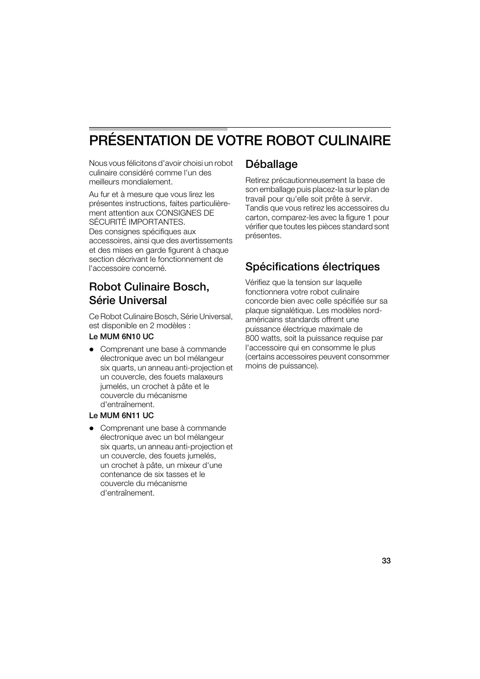 Présentation de votre robot culinaire, Robot culinaire bosch, série universal, Déballage | Spécifications électriques | Bosch MUM6N10UC User Manual | Page 33 / 88