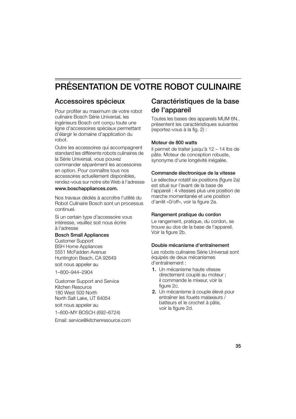 Présentation de votre robot culinaire, Accessoires spécieux, Caractéristiques de la base de l'appareil | Bosch MUM6N10UC User Manual | Page 35 / 88