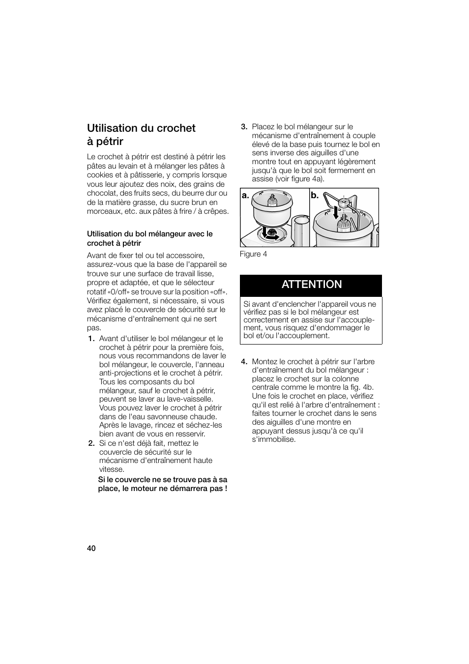 Utilisation du crochet à pétrir, Attention | Bosch MUM6N10UC User Manual | Page 40 / 88