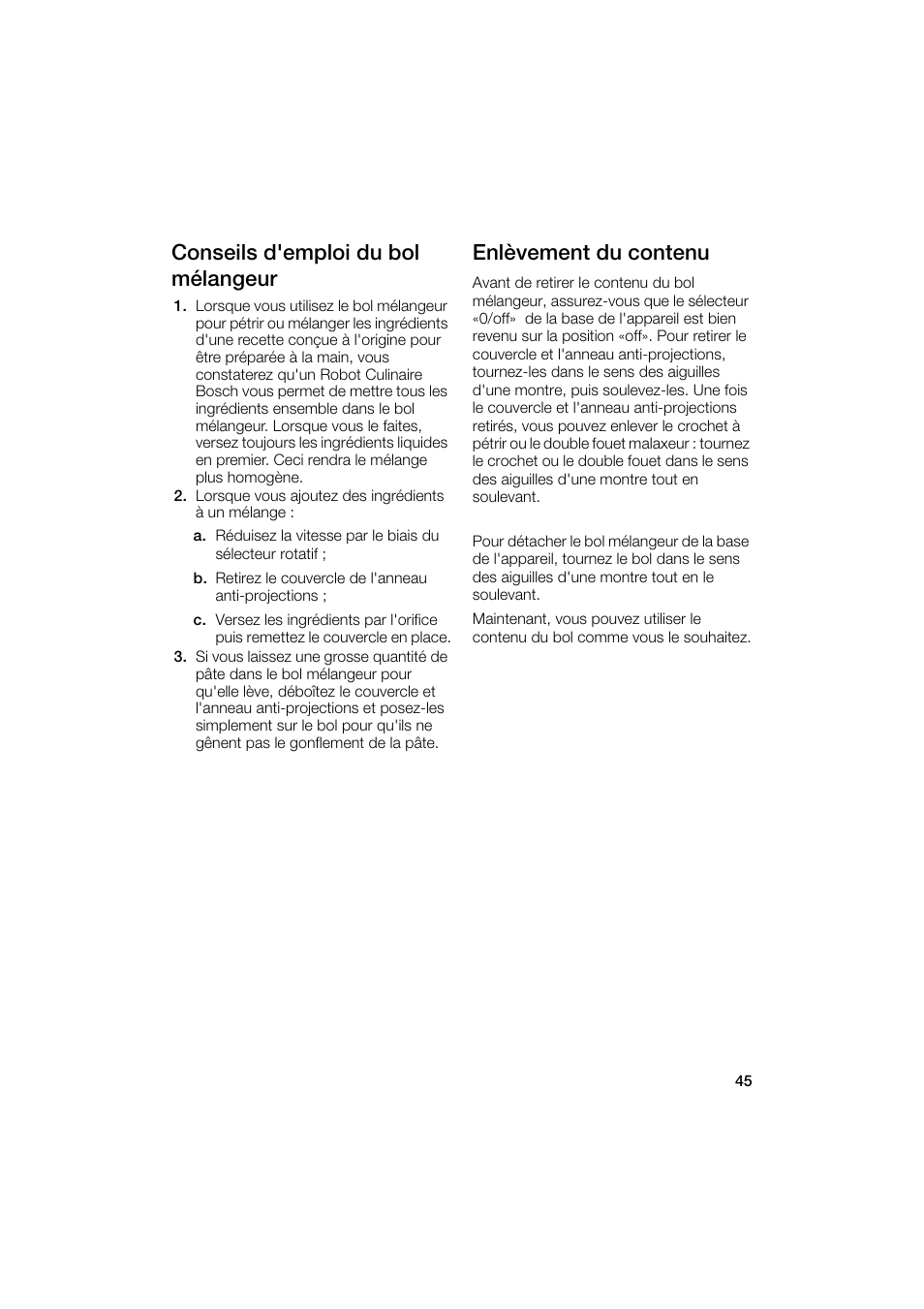 Conseils d'emploi du bol mélangeur, Enlèvement du contenu | Bosch MUM6N10UC User Manual | Page 45 / 88