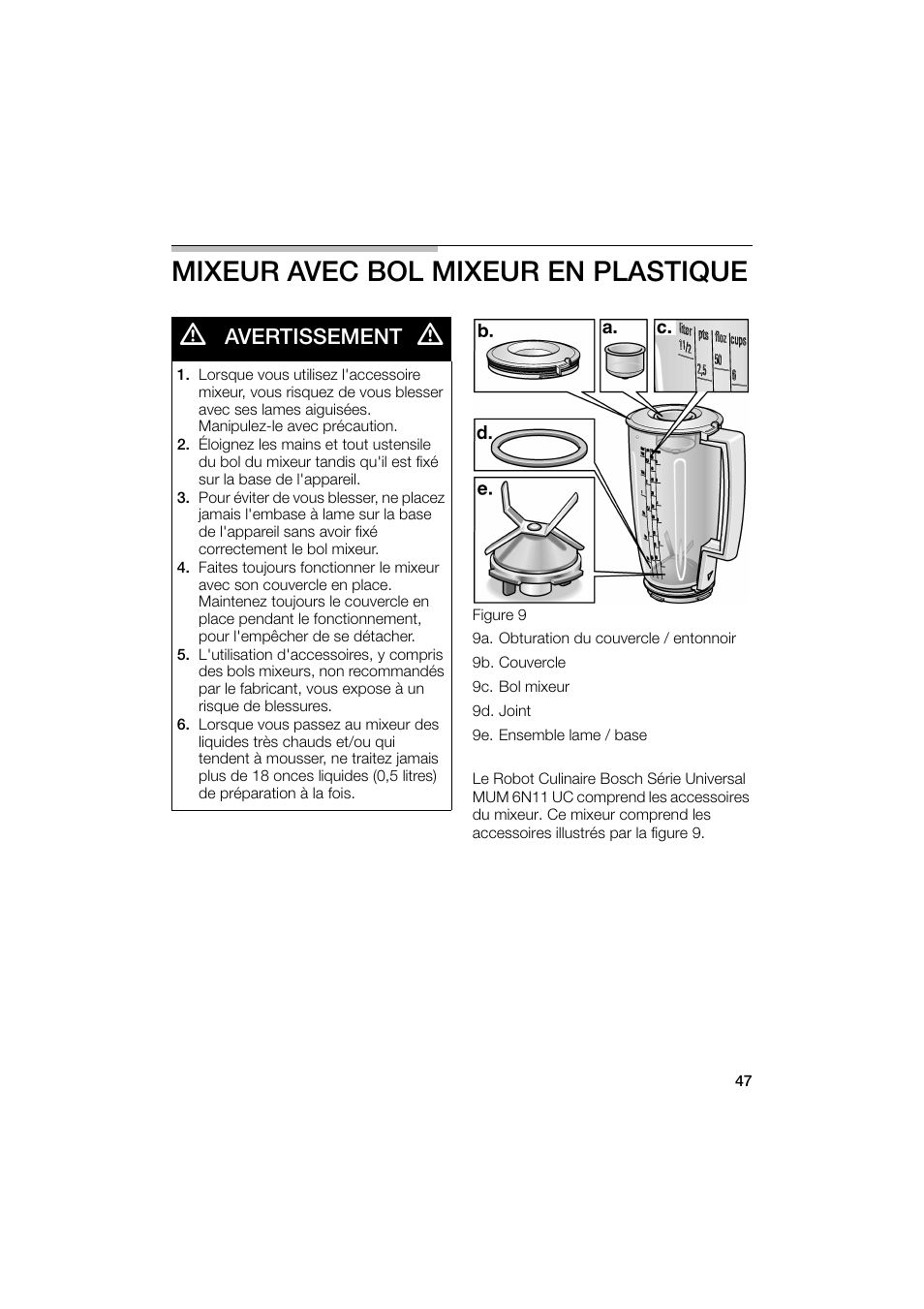 Mixeur avec bol mixeur en plastique, Avertissement | Bosch MUM6N10UC User Manual | Page 47 / 88