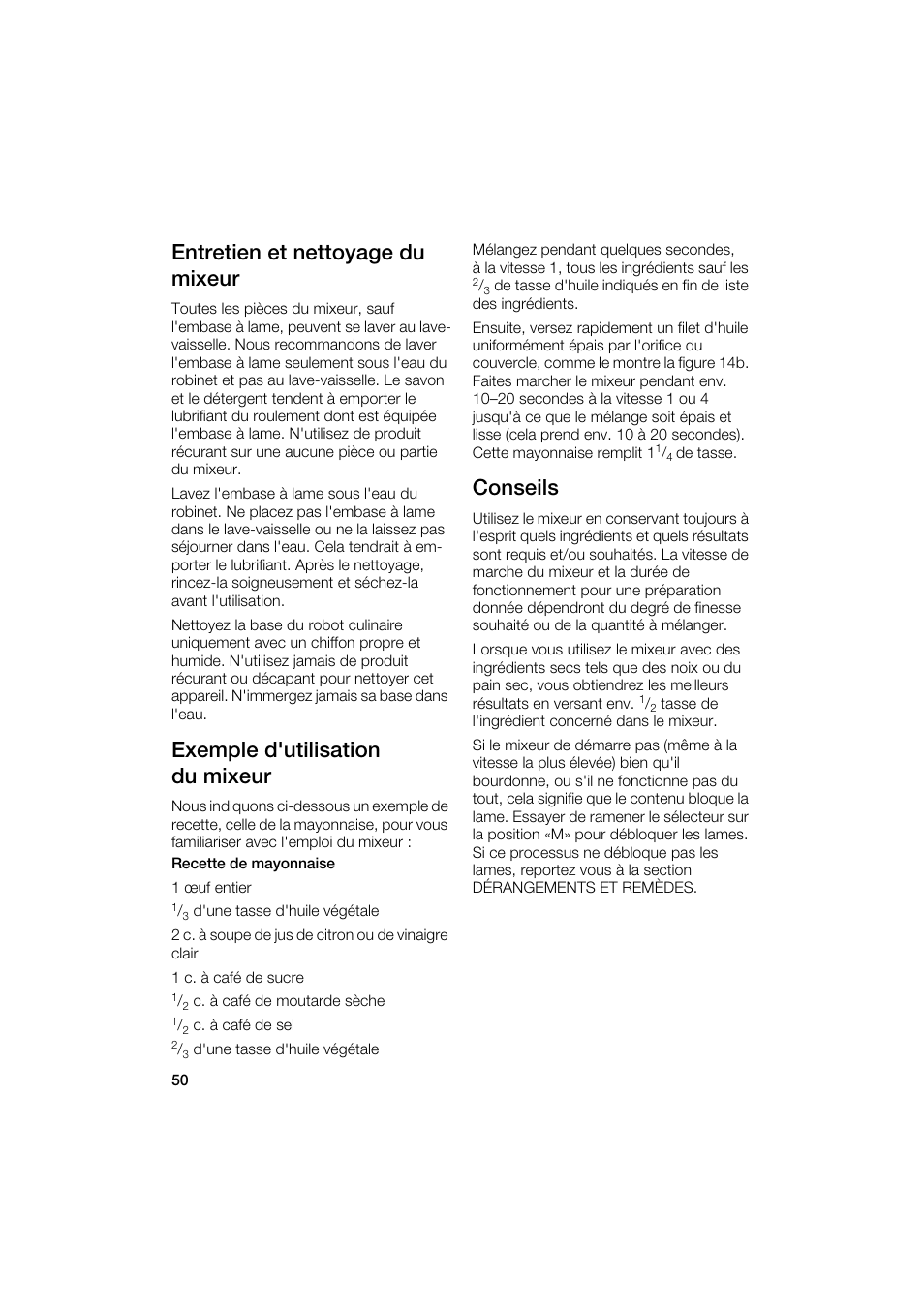 Entretien et nettoyage du mixeur, Exemple d'utilisation du mixeur, Conseils | Bosch MUM6N10UC User Manual | Page 50 / 88