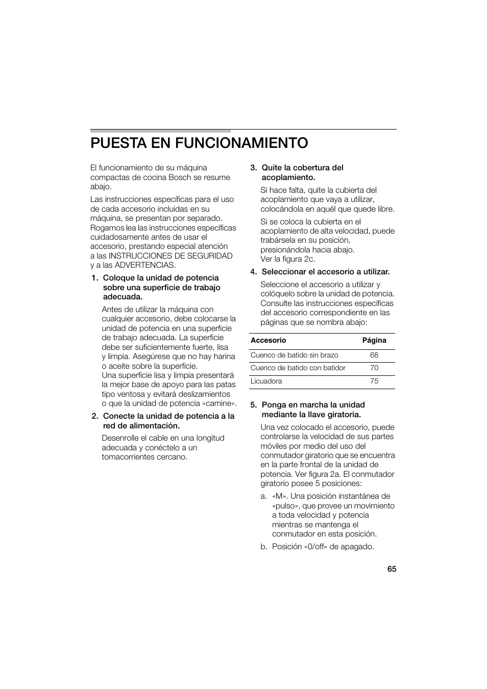 Puesta en funcionamiento | Bosch MUM6N10UC User Manual | Page 65 / 88