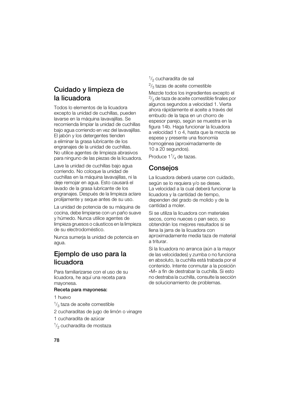 Cuidado y limpieza de la licuadora, Ejemplo de uso para la licuadora, Consejos | Bosch MUM6N10UC User Manual | Page 78 / 88