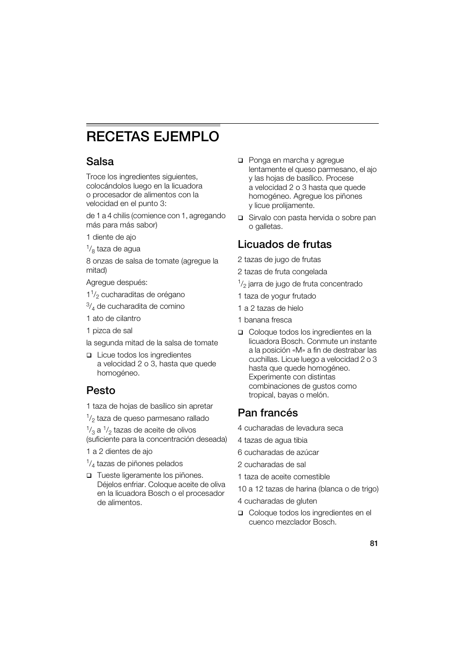 Recetas ejemplo, Salsa, Pesto | Licuados de frutas, Pan francés | Bosch MUM6N10UC User Manual | Page 81 / 88