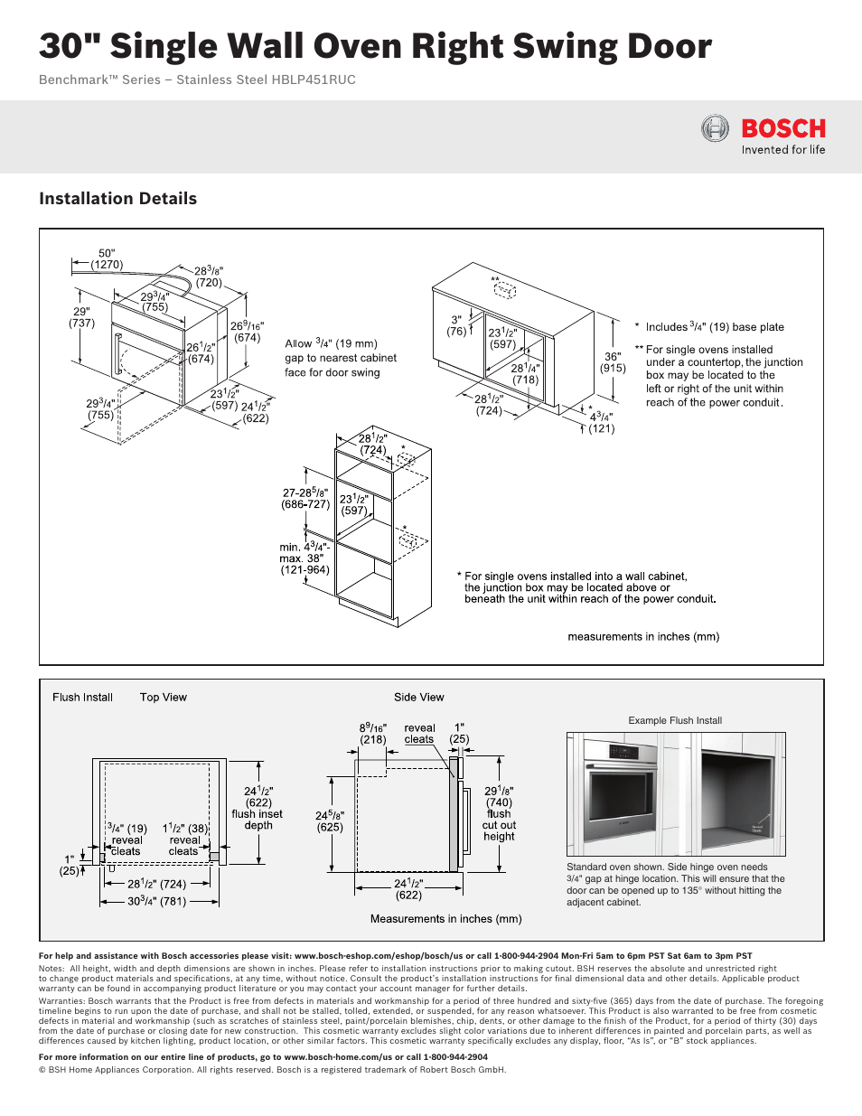 30" single wall oven right swing door, Installation details | Bosch HBLP451RUC User Manual | Page 2 / 3