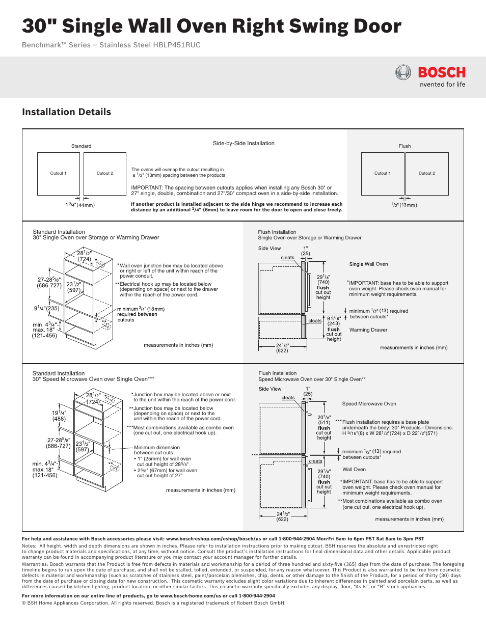 30" single wall oven right swing door, Installation details, Benchmark™ series – stainless steel hblp451ruc | Bosch HBLP451RUC User Manual | Page 3 / 3