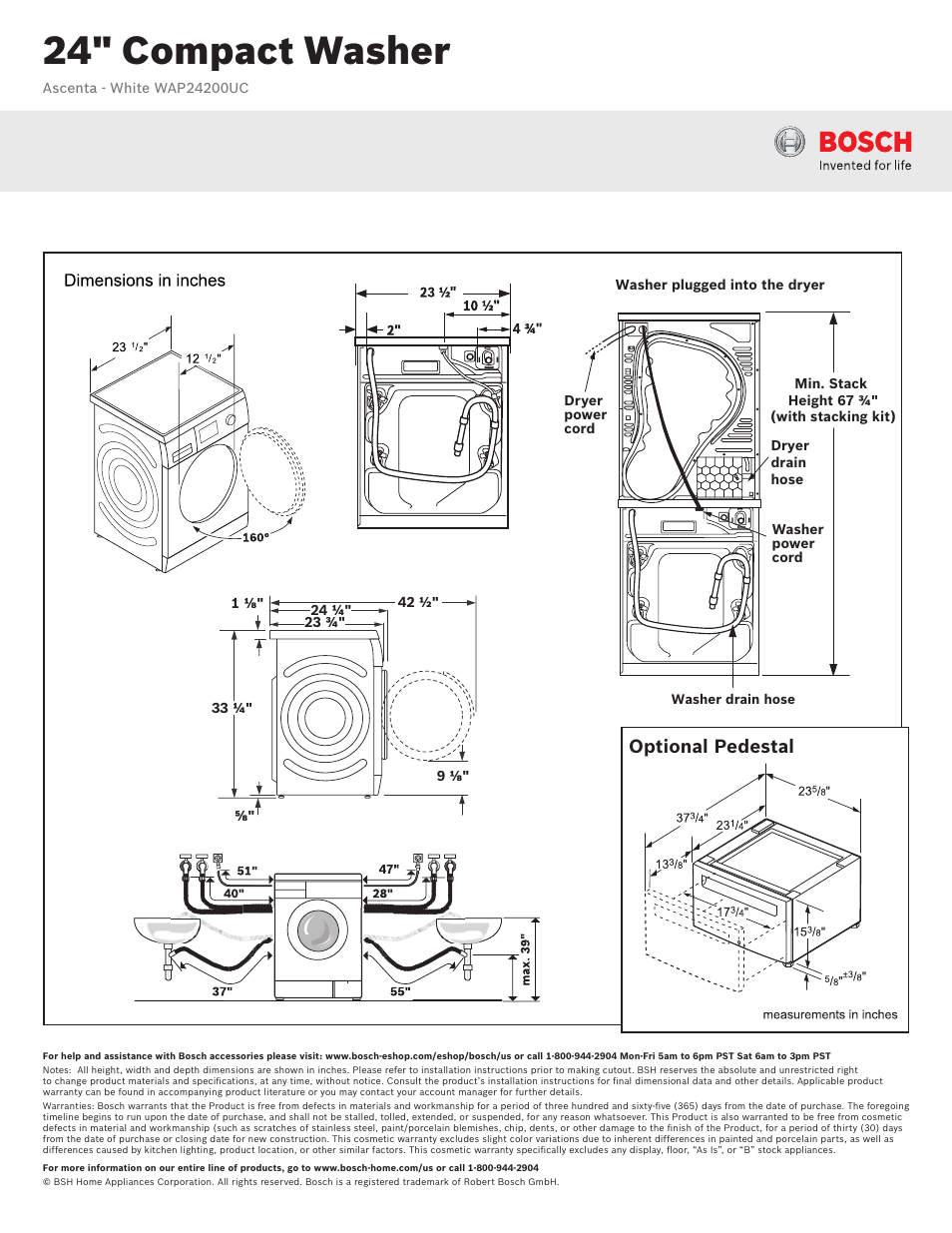 24" compact washer, Dimensions in inches, Optional pedestal | Bosch WAP24200UC User Manual | Page 2 / 3