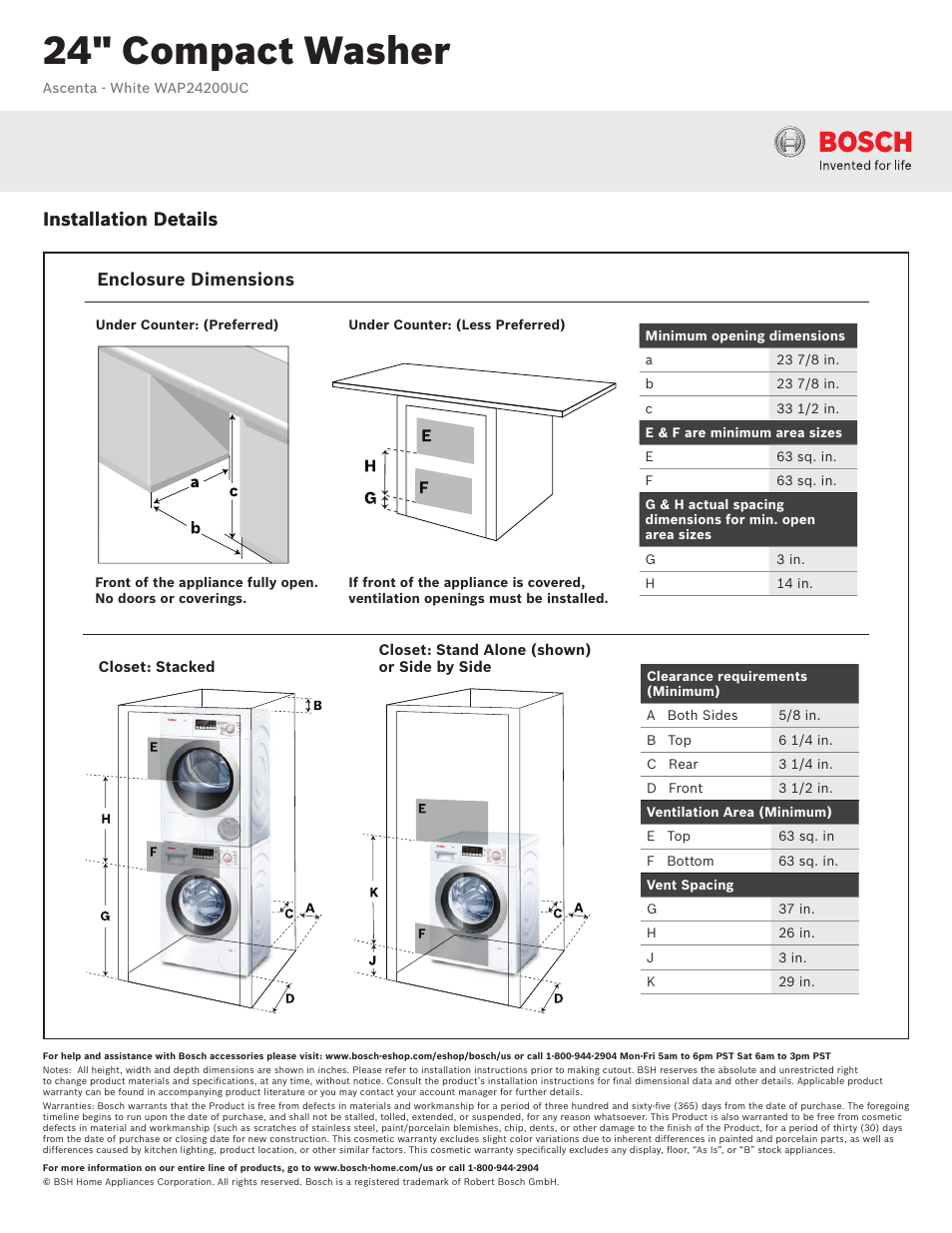 24" compact washer, Installation details, Enclosure dimensions | Bosch WAP24200UC User Manual | Page 3 / 3