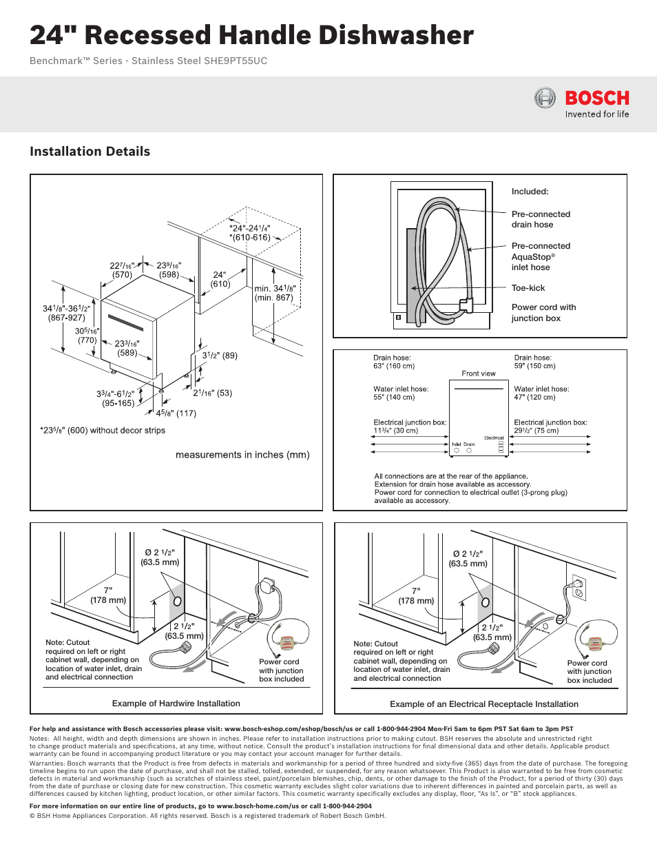 24" recessed handle dishwasher, Installation details | Bosch SHE9PT55UC User Manual | Page 2 / 3