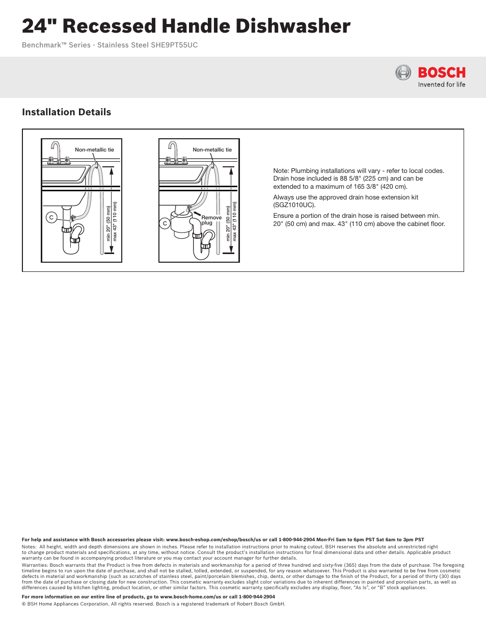 24" recessed handle dishwasher, Installation details | Bosch SHE9PT55UC User Manual | Page 3 / 3