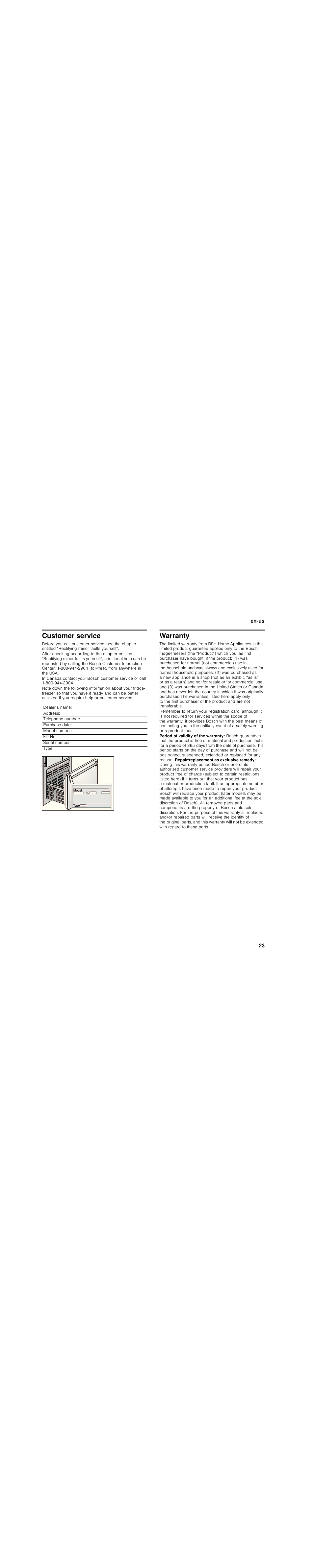 Customer service, Warranty | Bosch B30BB830SS User Manual | Page 23 / 76