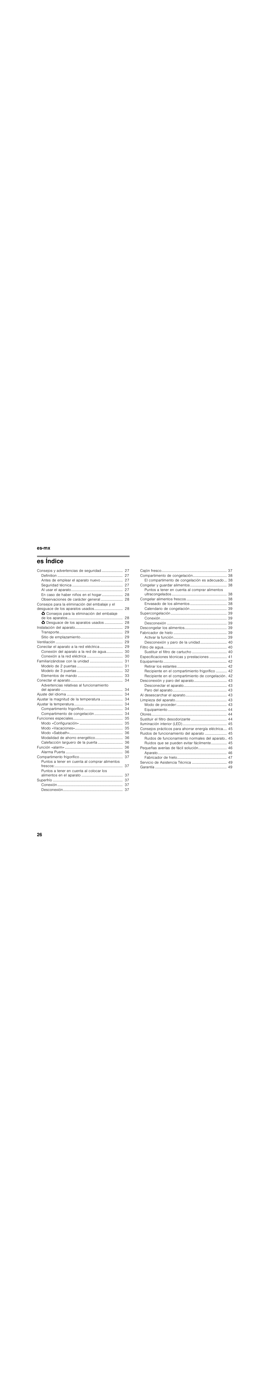 Es índicees instrucciones de uso, Es índice | Bosch B30BB830SS User Manual | Page 26 / 76