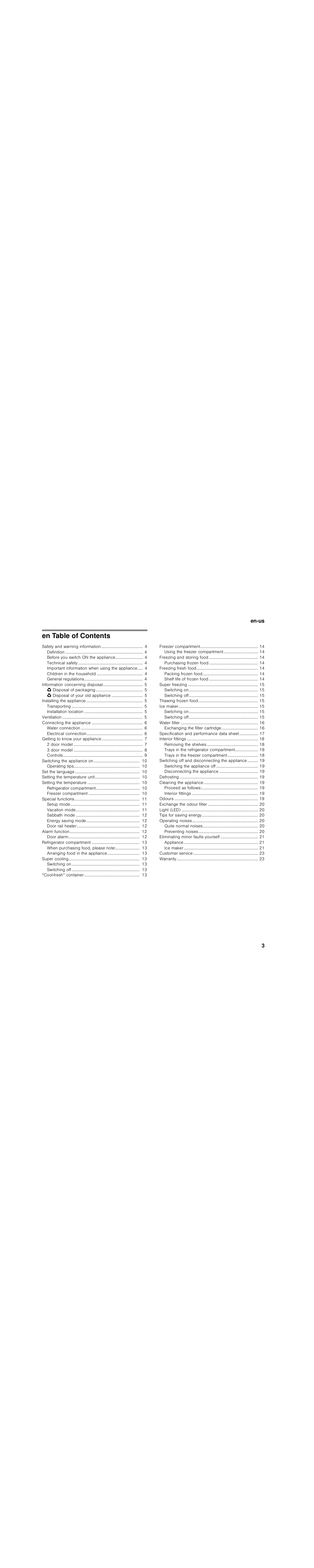 En table of contentsen operating instructions, En table of contents | Bosch B30BB830SS User Manual | Page 3 / 76