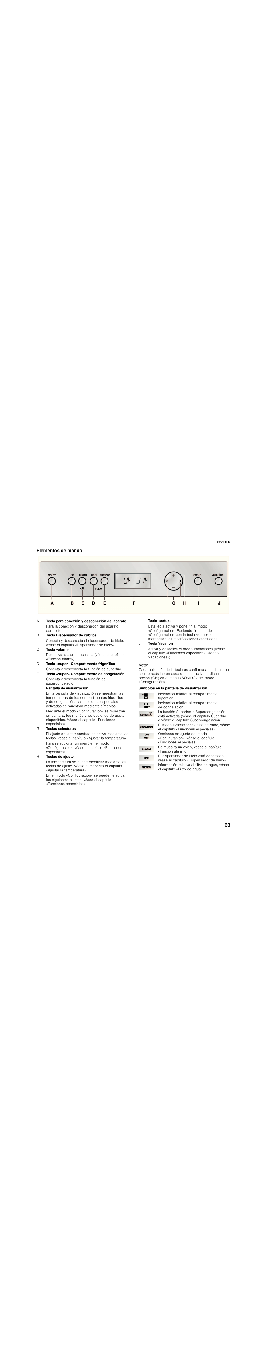 Elementos de mando, Nota, Símbolos en la pantalla de visualización | Bosch B30BB830SS User Manual | Page 33 / 76