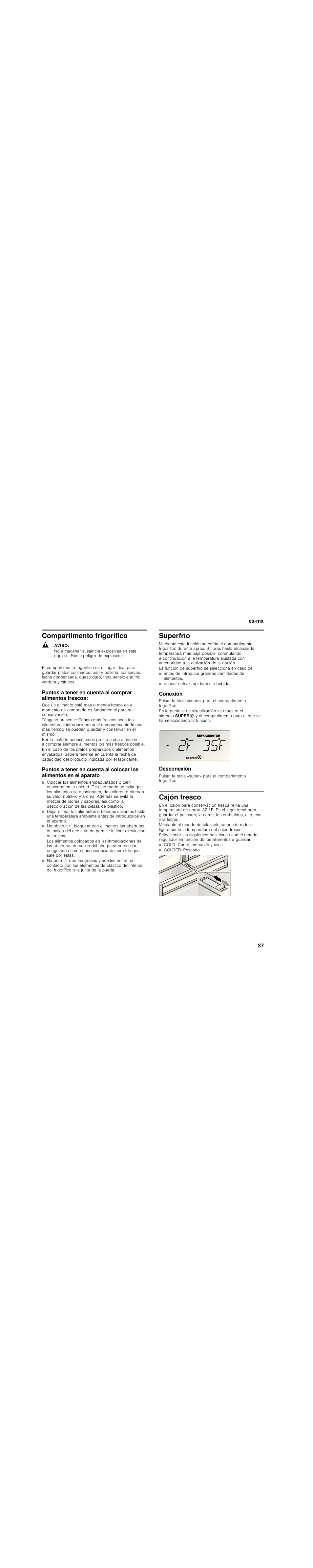 Compartimento frigorífico, Aviso, Superfrío | Conexión, Desconexión, Cajón fresco | Bosch B30BB830SS User Manual | Page 37 / 76