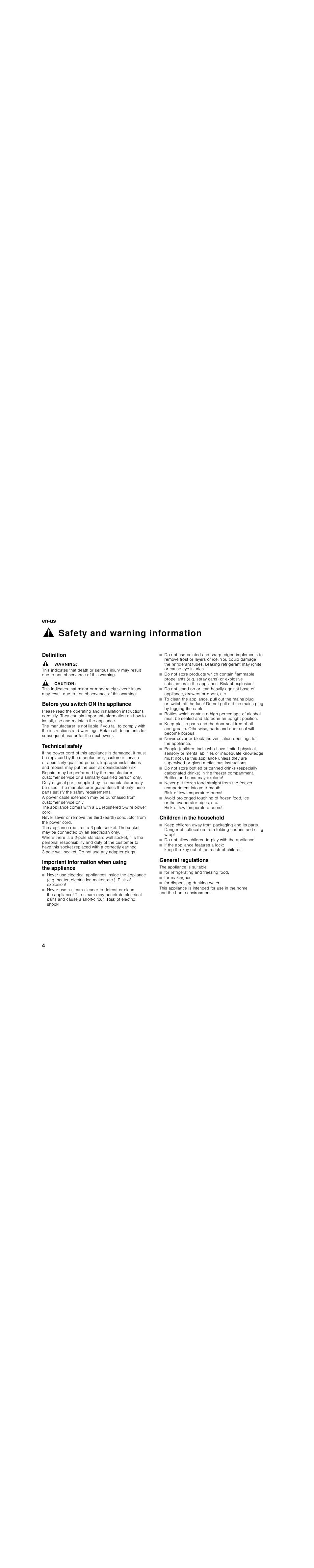 Safety and warning information, Definition, Warning | Caution, Before you switch on the appliance, Technical safety, Important information when using the appliance, Children in the household, General regulations | Bosch B30BB830SS User Manual | Page 4 / 76