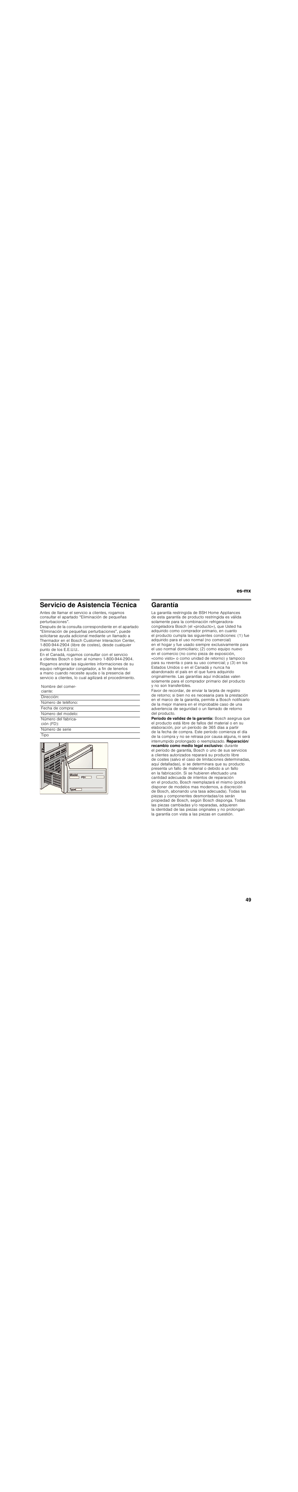 Servicio de asistencia técnica, Garantía | Bosch B30BB830SS User Manual | Page 49 / 76