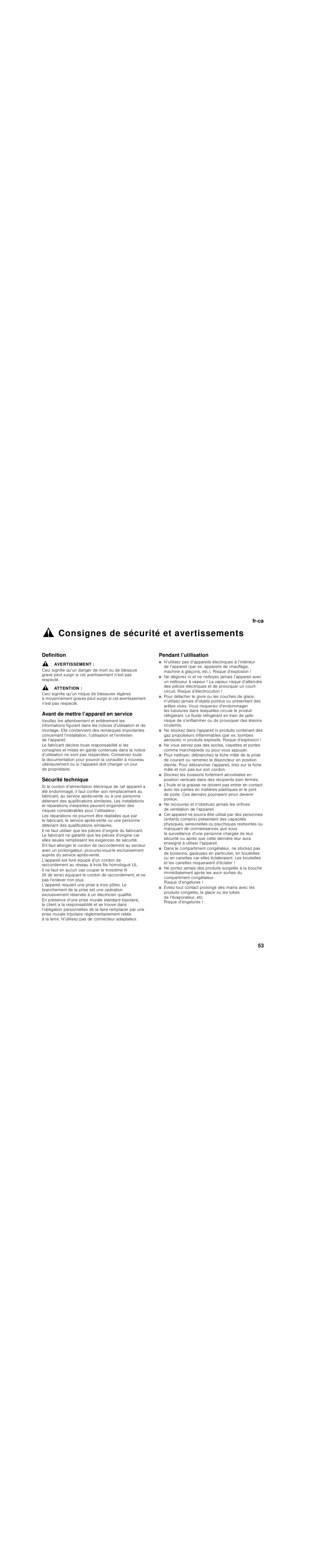 Consignes de sécurité et avertissements, Definition, Avertissement | Attention, Avant de mettre l’appareil en service, Sécurité technique, Pendant l’utilisation | Bosch B30BB830SS User Manual | Page 53 / 76